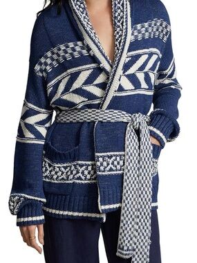 Polo Ralph Lauren Blue and White Patterned Knit Belted Cardigan Sweater